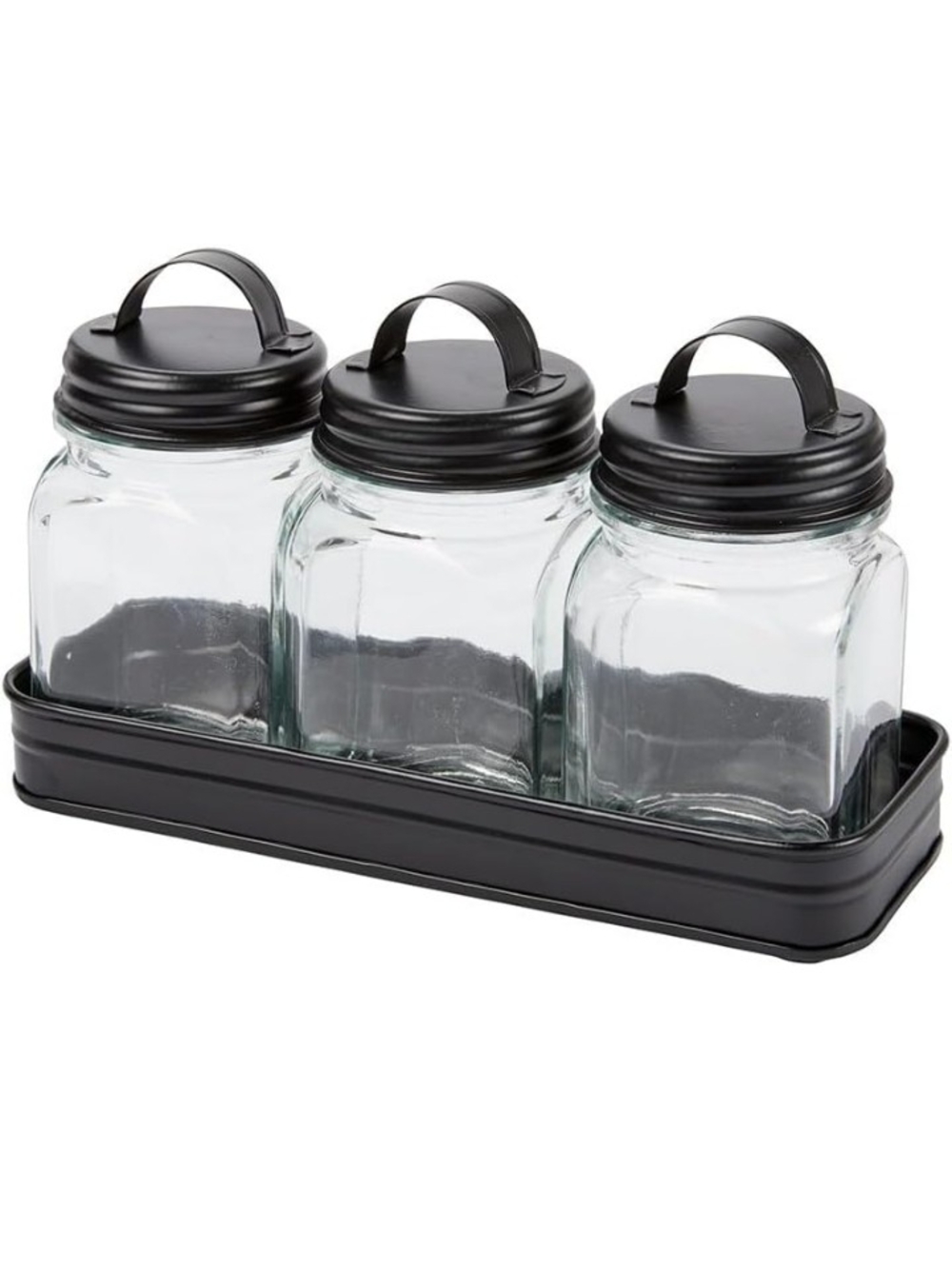 Glass Countertop Spice Jars with Black Lids and Tray